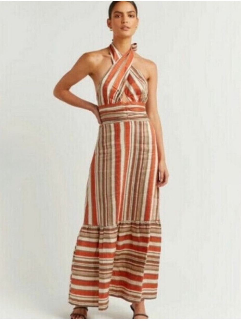 Dissh Frida Striped Linen Halter Midi Dress Size 10
